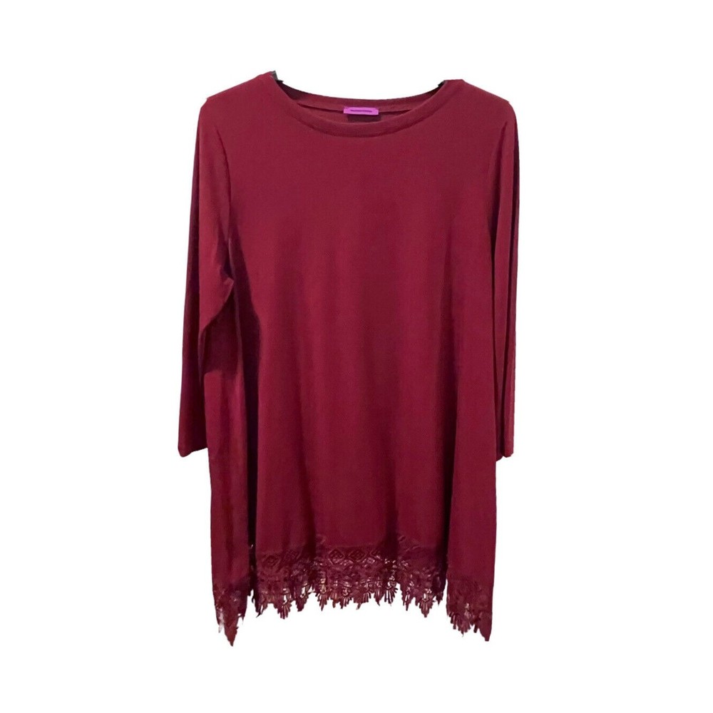Mountain Mamas L / XL 3/4 Sleeve Round Neck Burgundy Tunic Dress, Crochet Hem